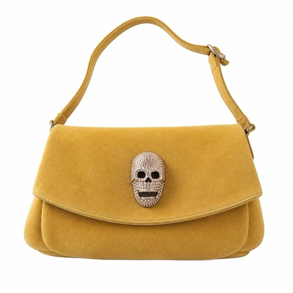 Yellow Suede Skull Emblem Cross Body Handbag  Gothic Chic